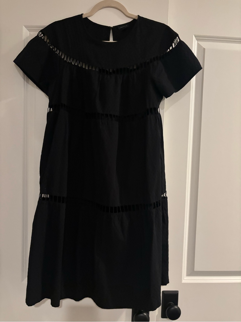 Ann Taylor Black Short Sleeve Tiered Dress with Cutout Trim